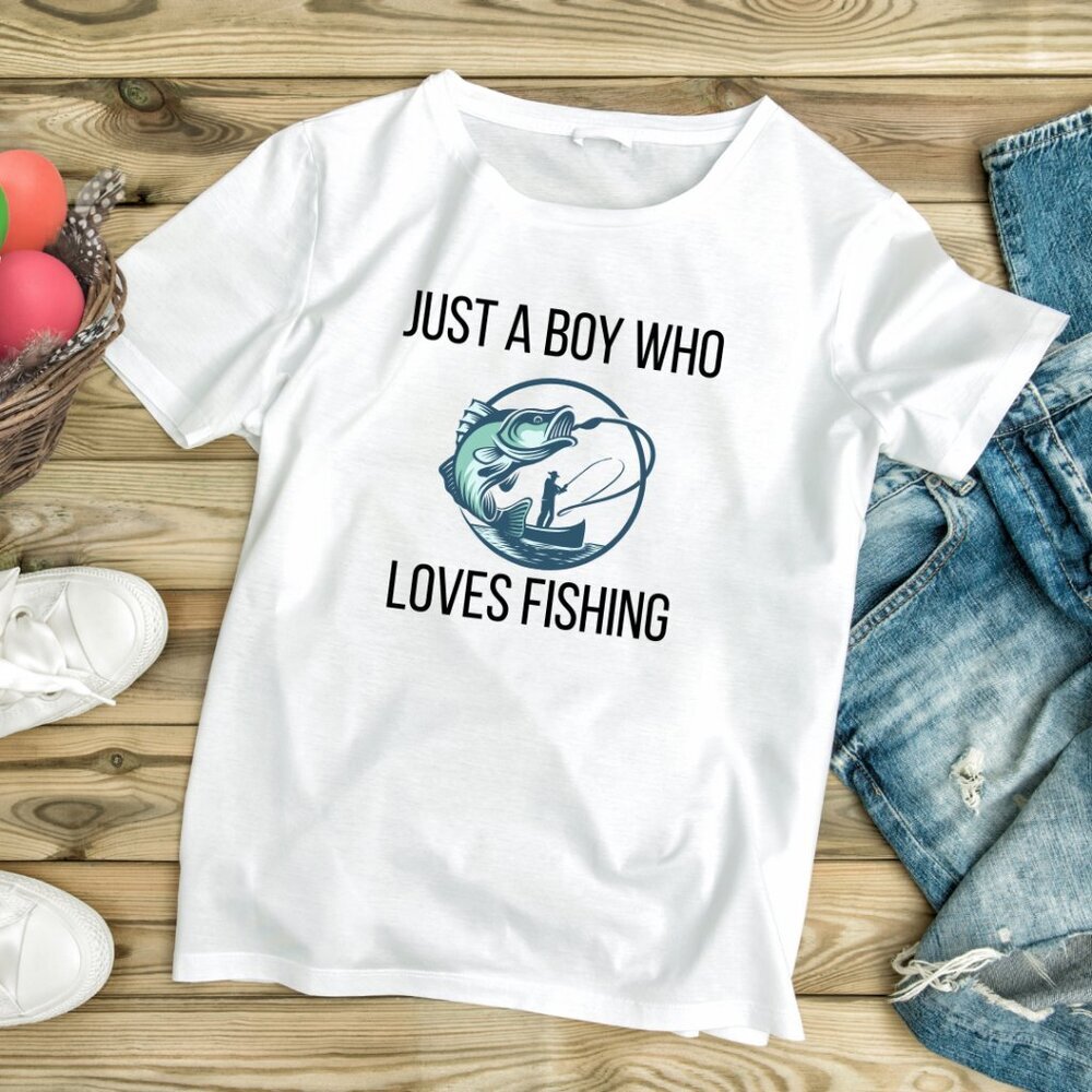 Handmade NWT Just a Boy Who Loves Fishing | Kids White Graphic Tee (XS-XL)